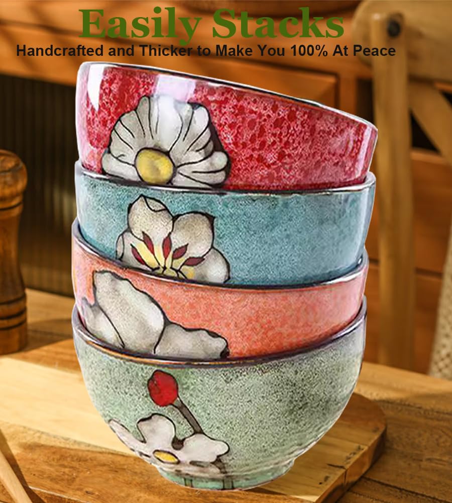 Ceramic Cereal Bowl Set of 4, 28oz Floral Pattern, Microwave Safe N52365