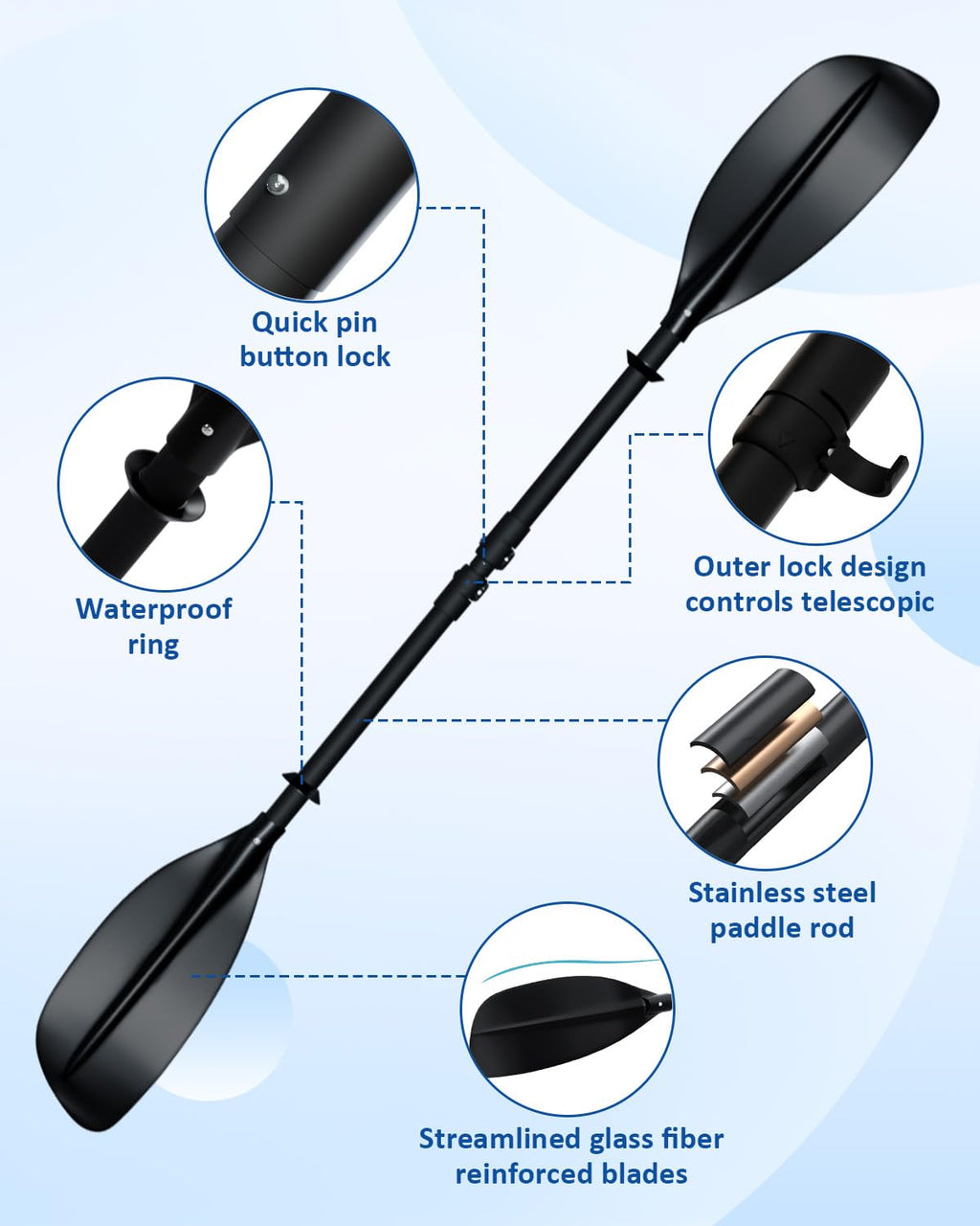 Adjustable Kayak Paddle 62–87 Inches Stainless Steel Fiberglass Non-Slip Grip with Carry Bag T41330