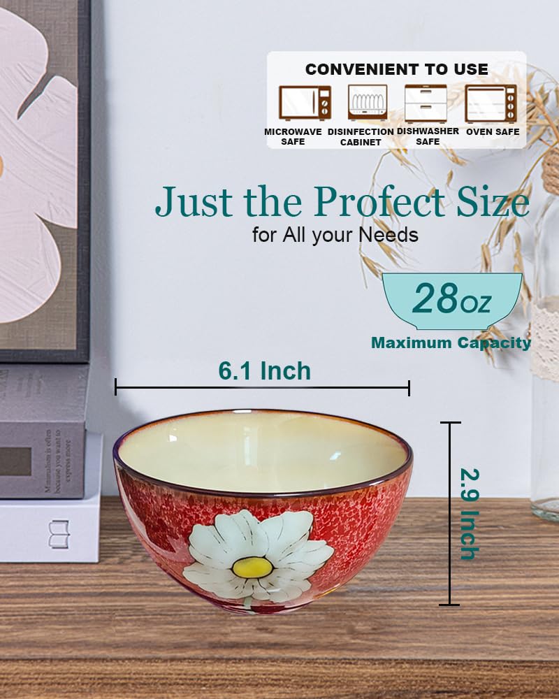 Ceramic Cereal Bowl Set of 4, 28oz Floral Pattern, Microwave Safe N52365