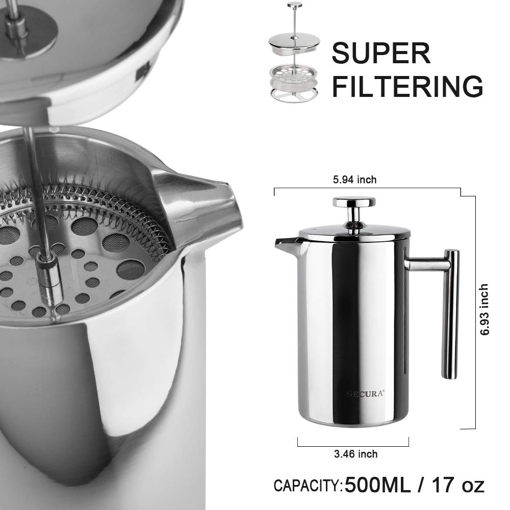 French Press Coffee Maker 304 Grade Stainless Steel Insulated 17oz Q20327
