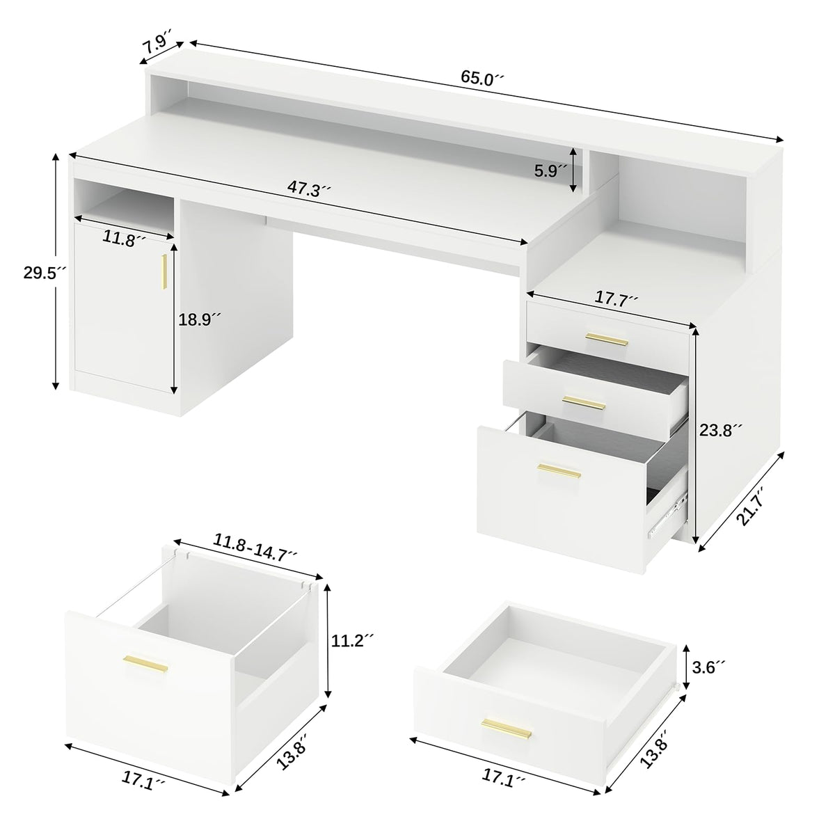 65" White Computer Desk with 3 Drawers T626614