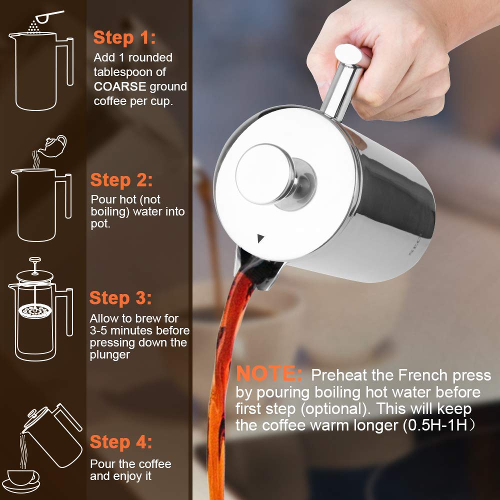 French Press Coffee Maker 304 Grade Stainless Steel Insulated 17oz Q20327