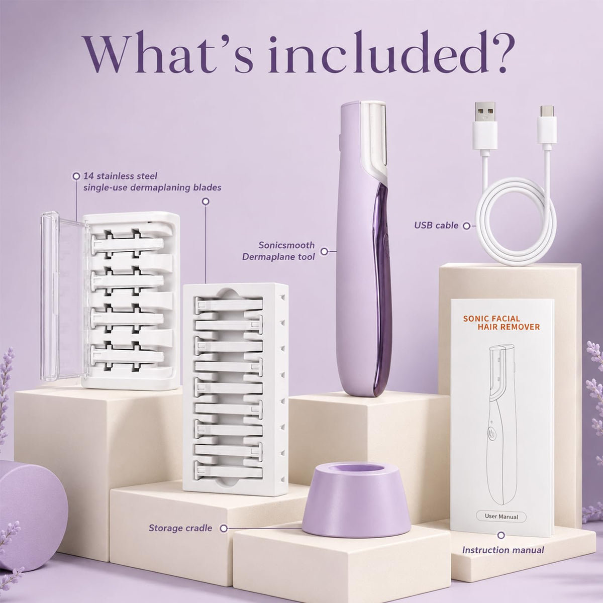Sonic Dermaplaning Tool with LED Light, Rechargeable Facial Hair Remover E87383