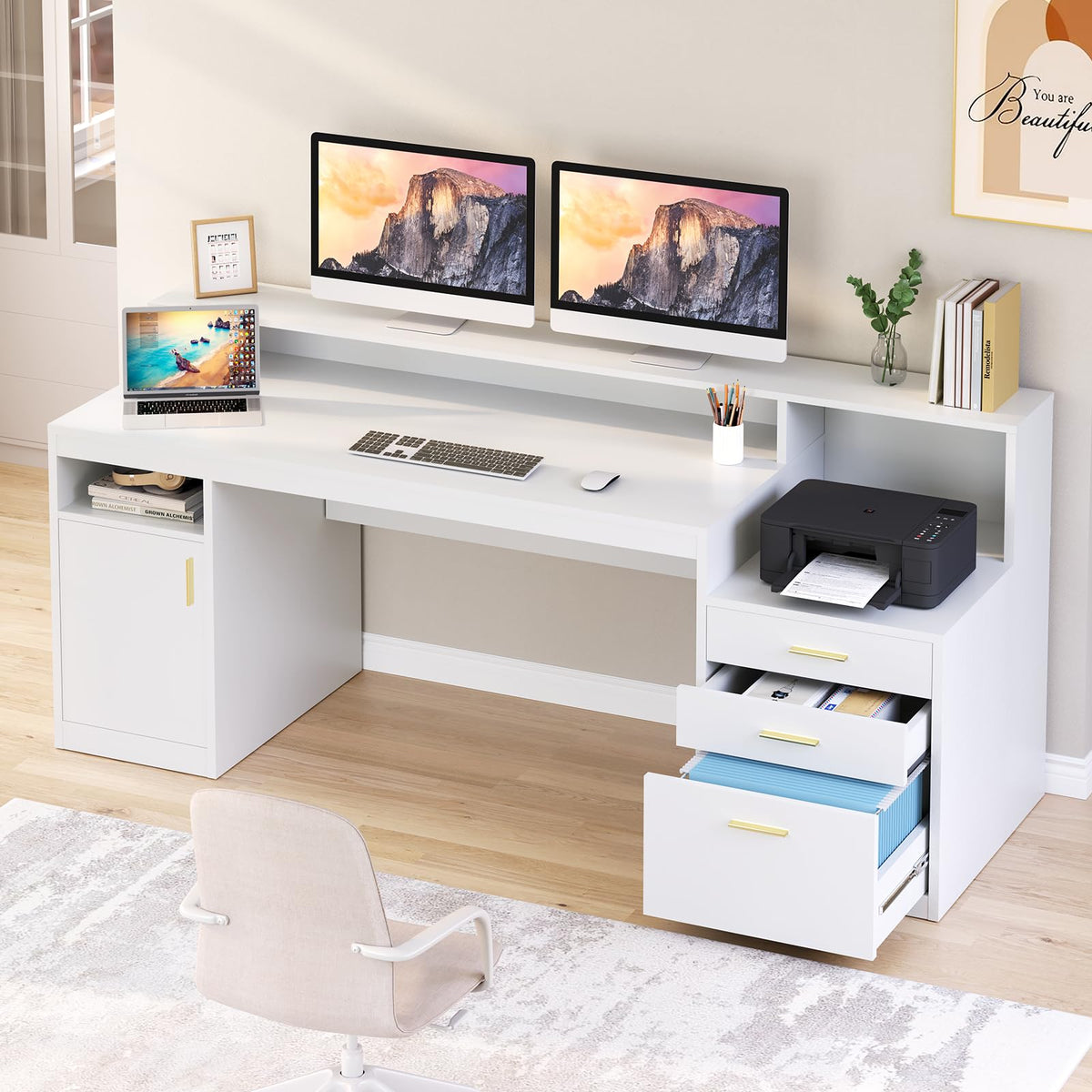 65" White Computer Desk with 3 Drawers T626614
