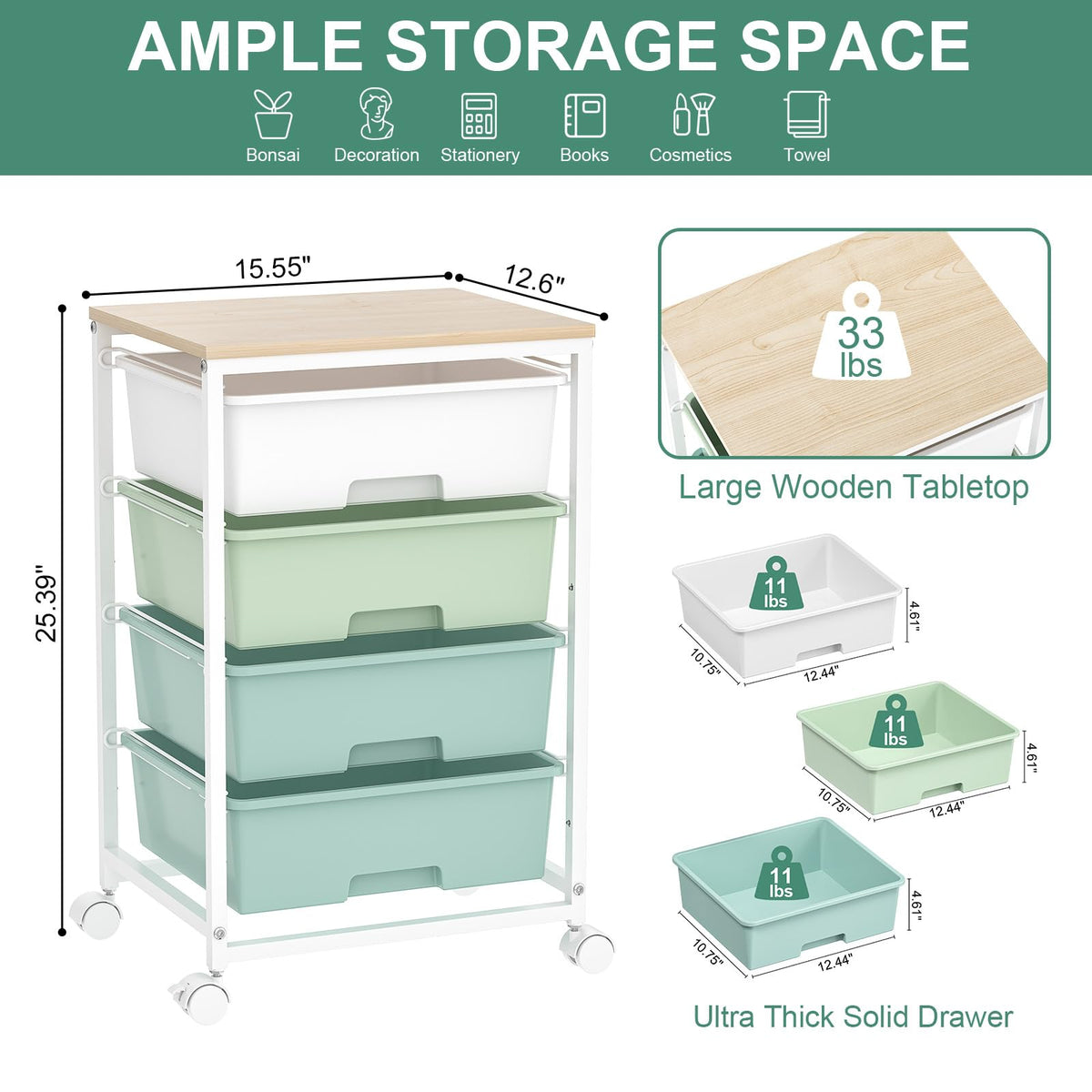 Rolling Cart with Drawers, 4-Drawer Utility Cart, Green R5009