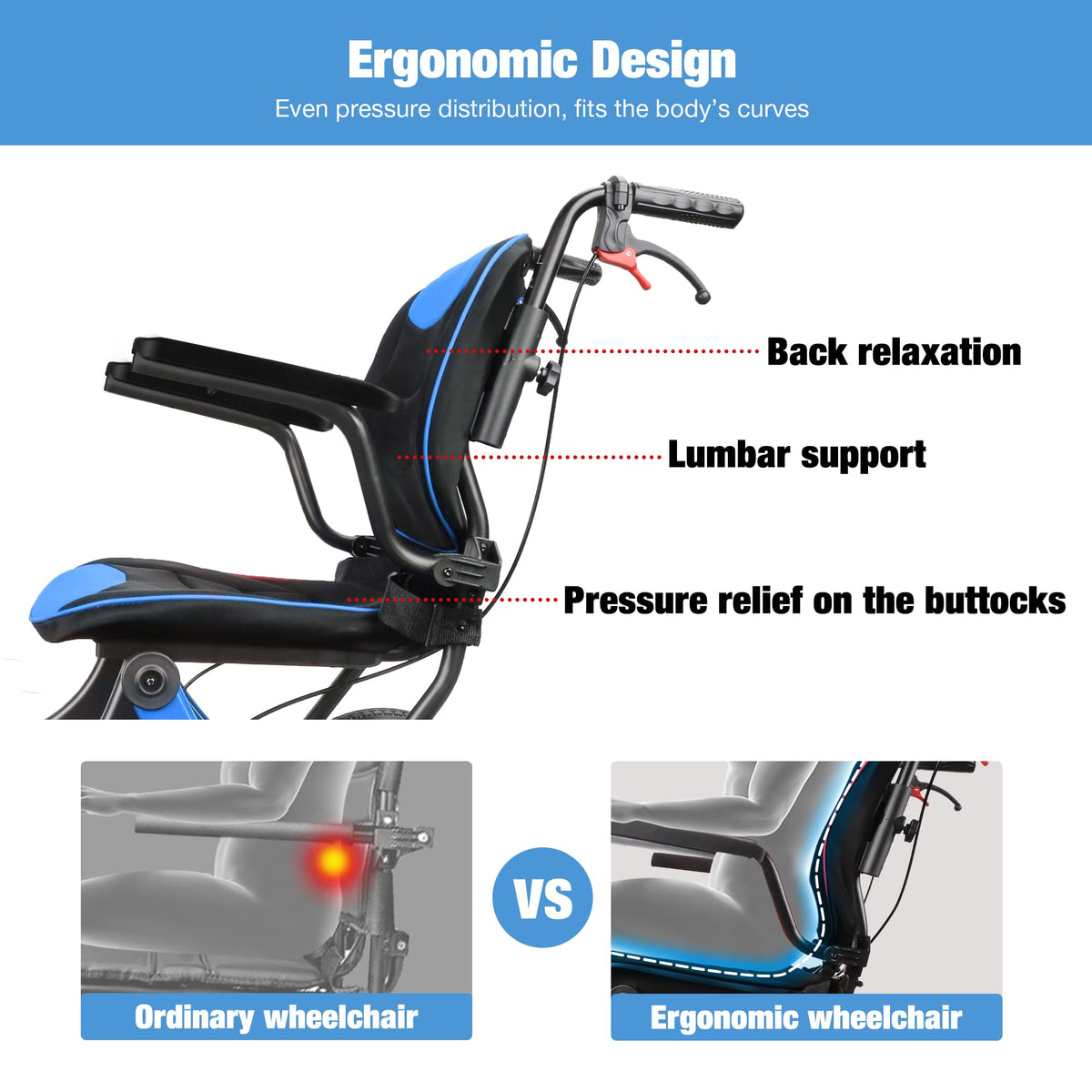 Lightweight Foldable Transport Wheelchair with Telescopic Handle, 16-Inch Seat, Blue D473110