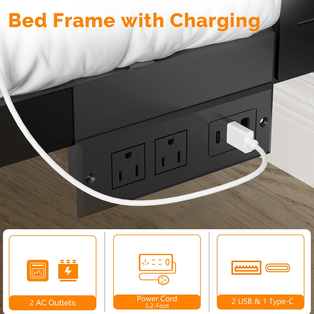 Full Size Metal Platform Bed Frame with LED Headboard and Charging Ports, Black K62834