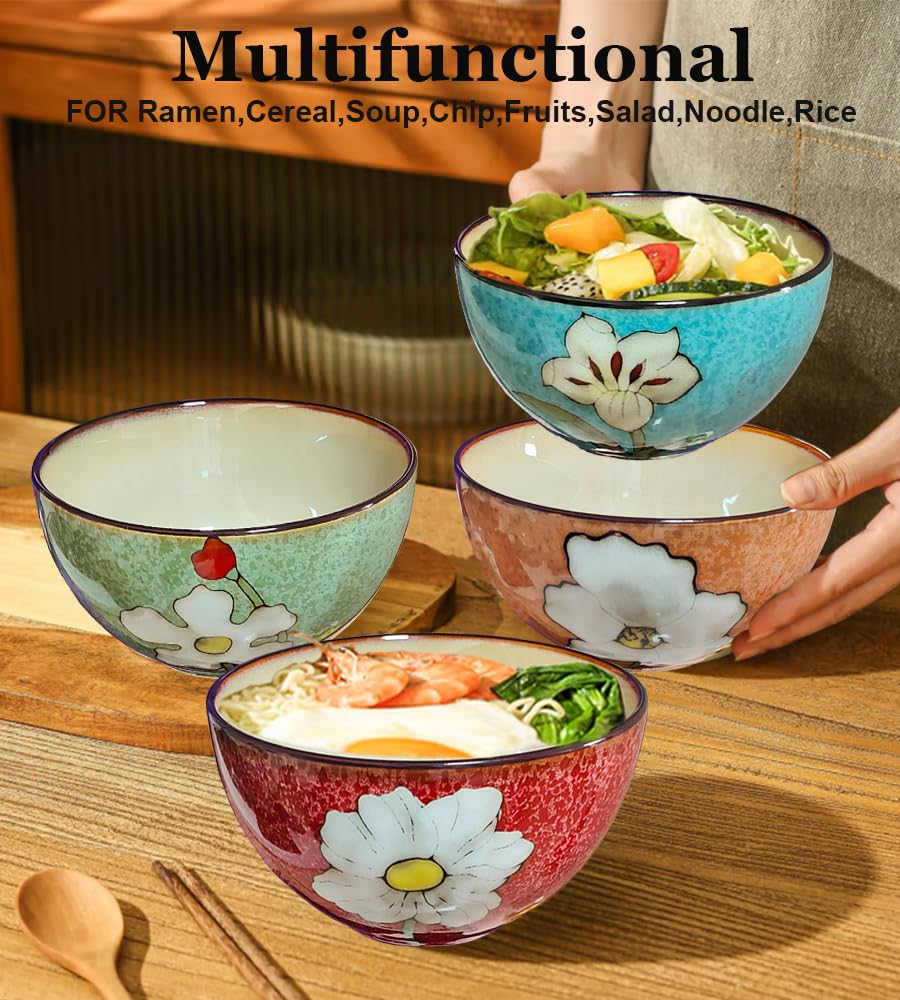 Ceramic Cereal Bowl Set of 4, 28oz Floral Pattern, Microwave Safe N52365