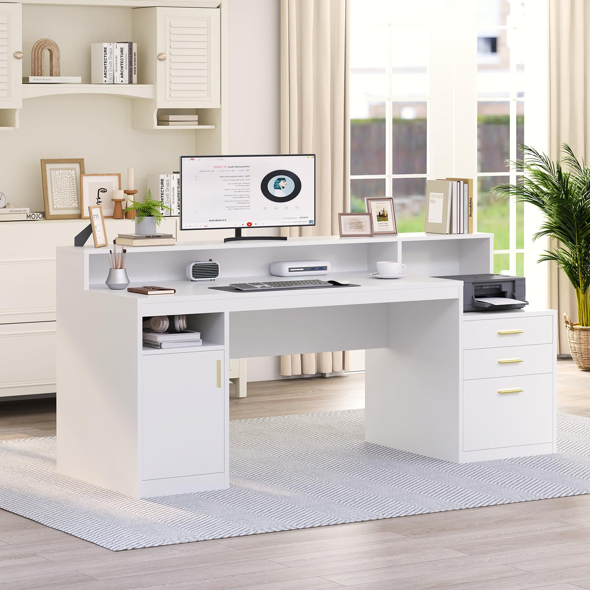 65" White Computer Desk with 3 Drawers T626614