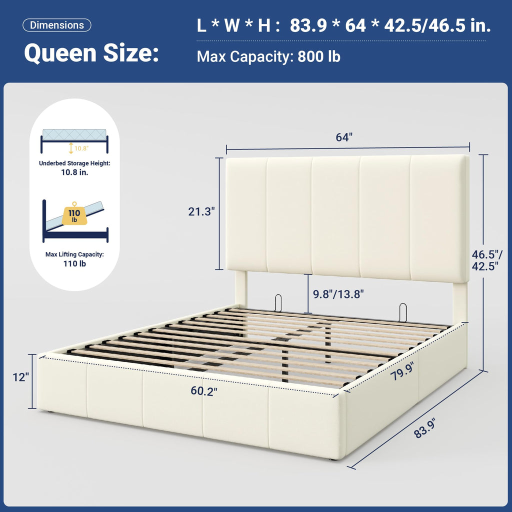 Queen Size Velvet Lift Up Storage Bed Frame I929