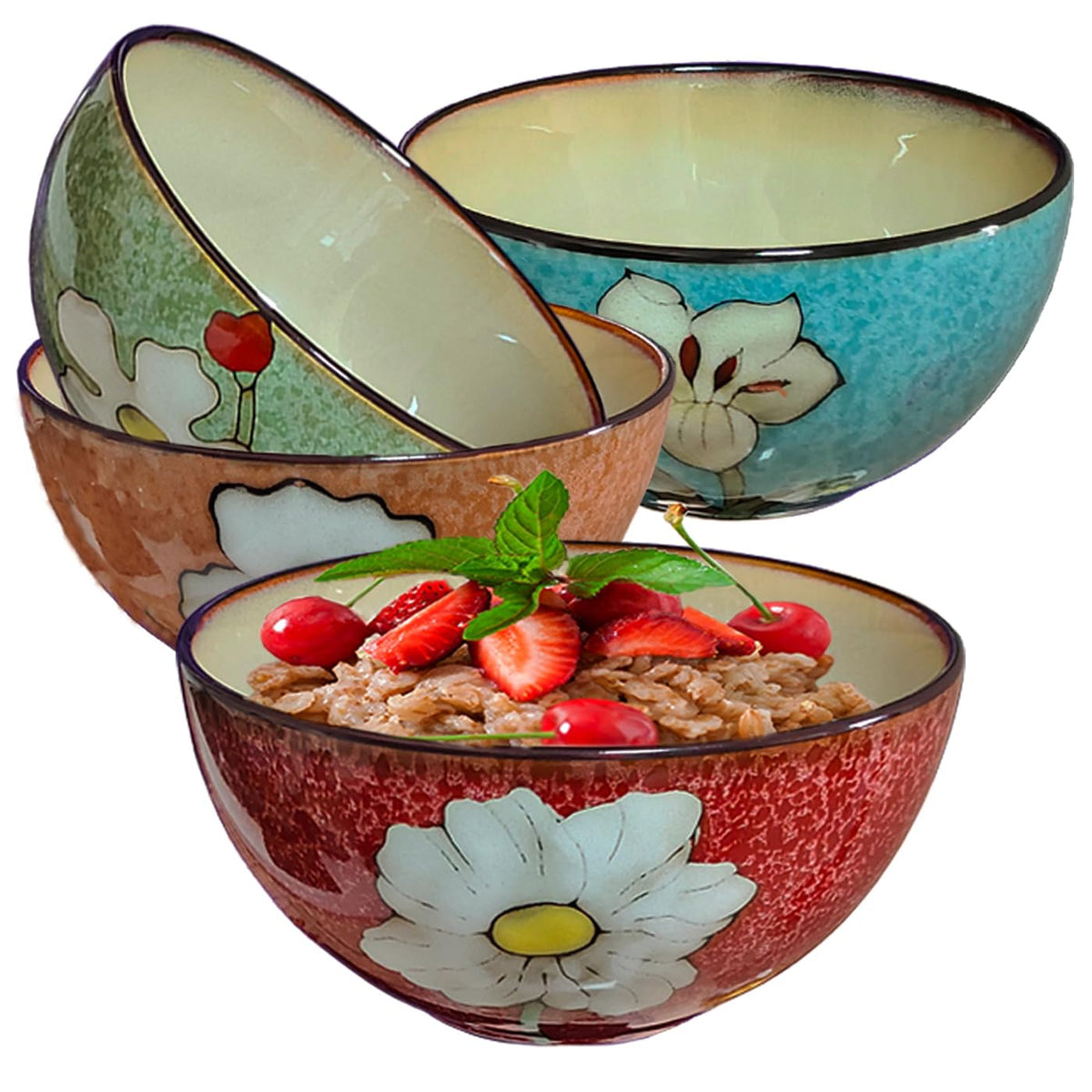 Ceramic Cereal Bowl Set of 4, 28oz Floral Pattern, Microwave Safe N52365