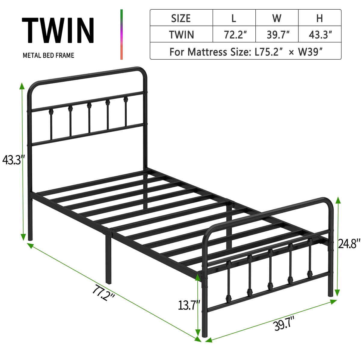Twin Size Metal Bed Frame with Headboard and Footboard W9545