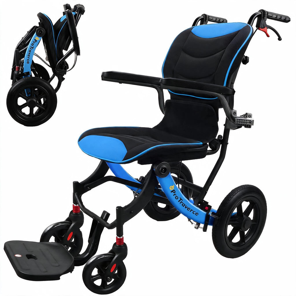 Lightweight Foldable Transport Wheelchair with Telescopic Handle, 16-Inch Seat, Blue D473110