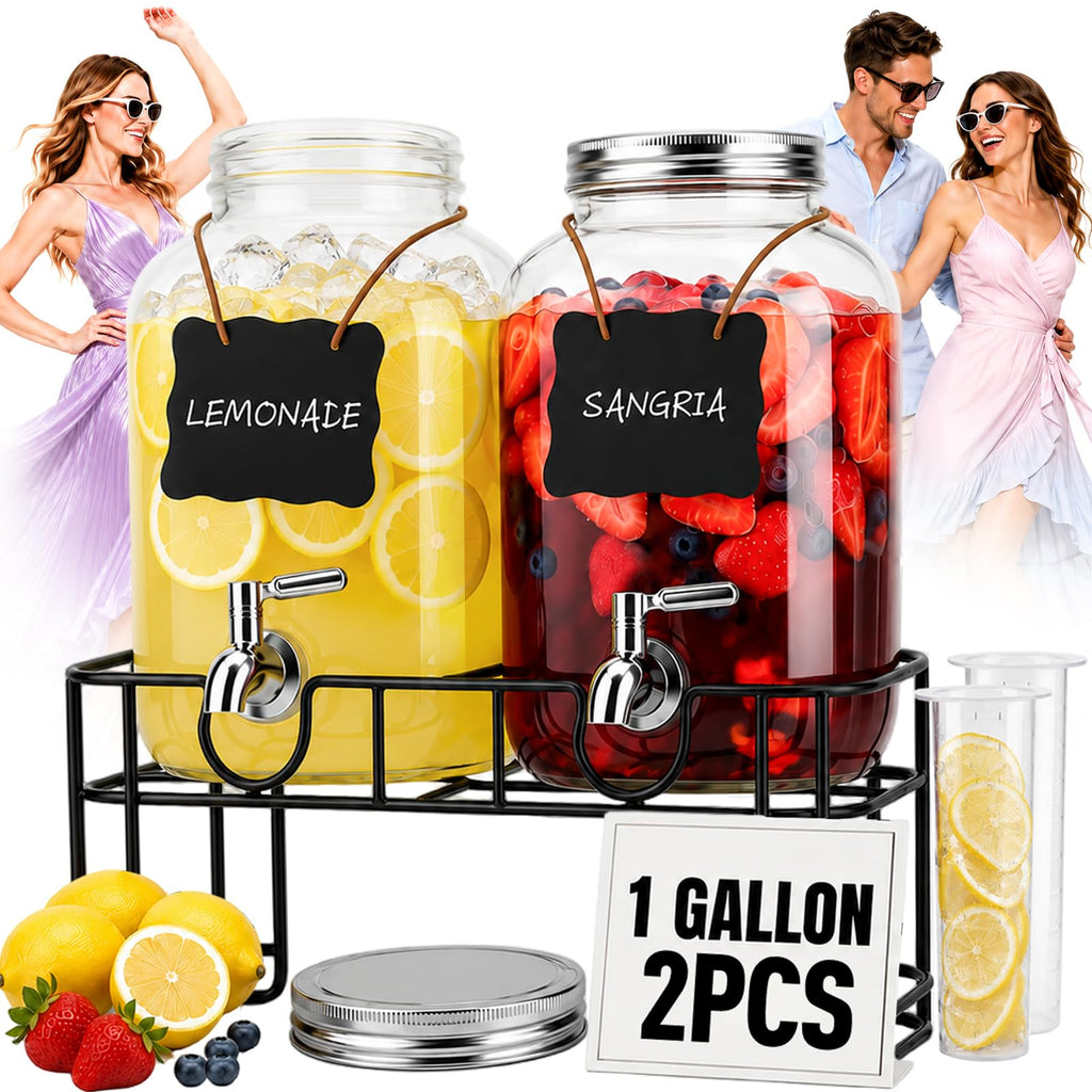 2 PCS 1 Gallon Glass Drink Dispensers with Stand & Fruit Infuser H8862