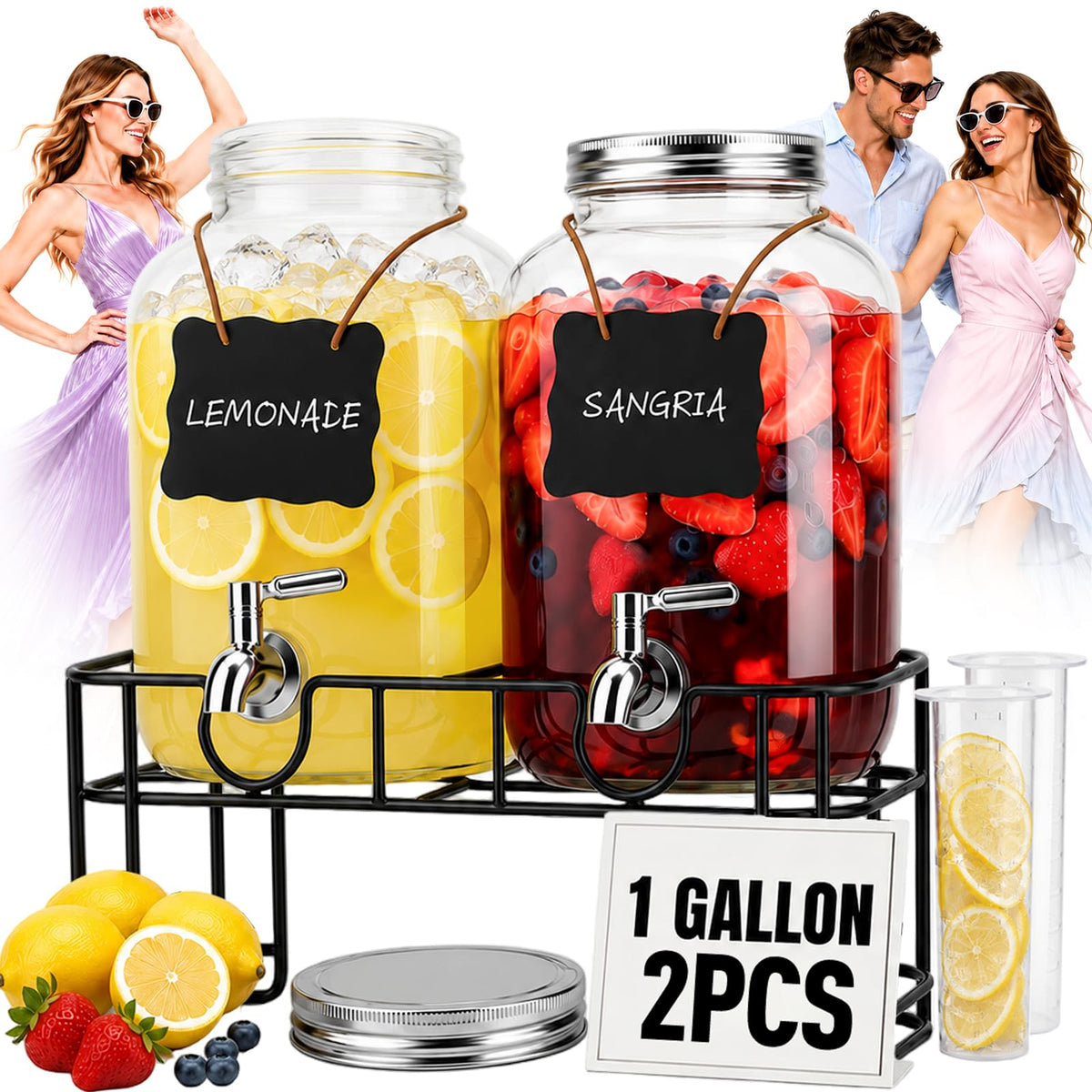 2 PCS 1 Gallon Glass Drink Dispensers with Stand & Fruit Infuser H8862