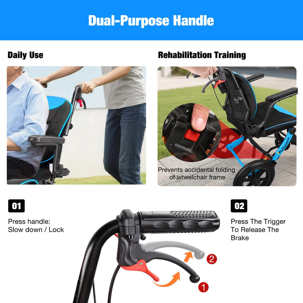 Lightweight Foldable Transport Wheelchair with Telescopic Handle, 16-Inch Seat, Blue D473110