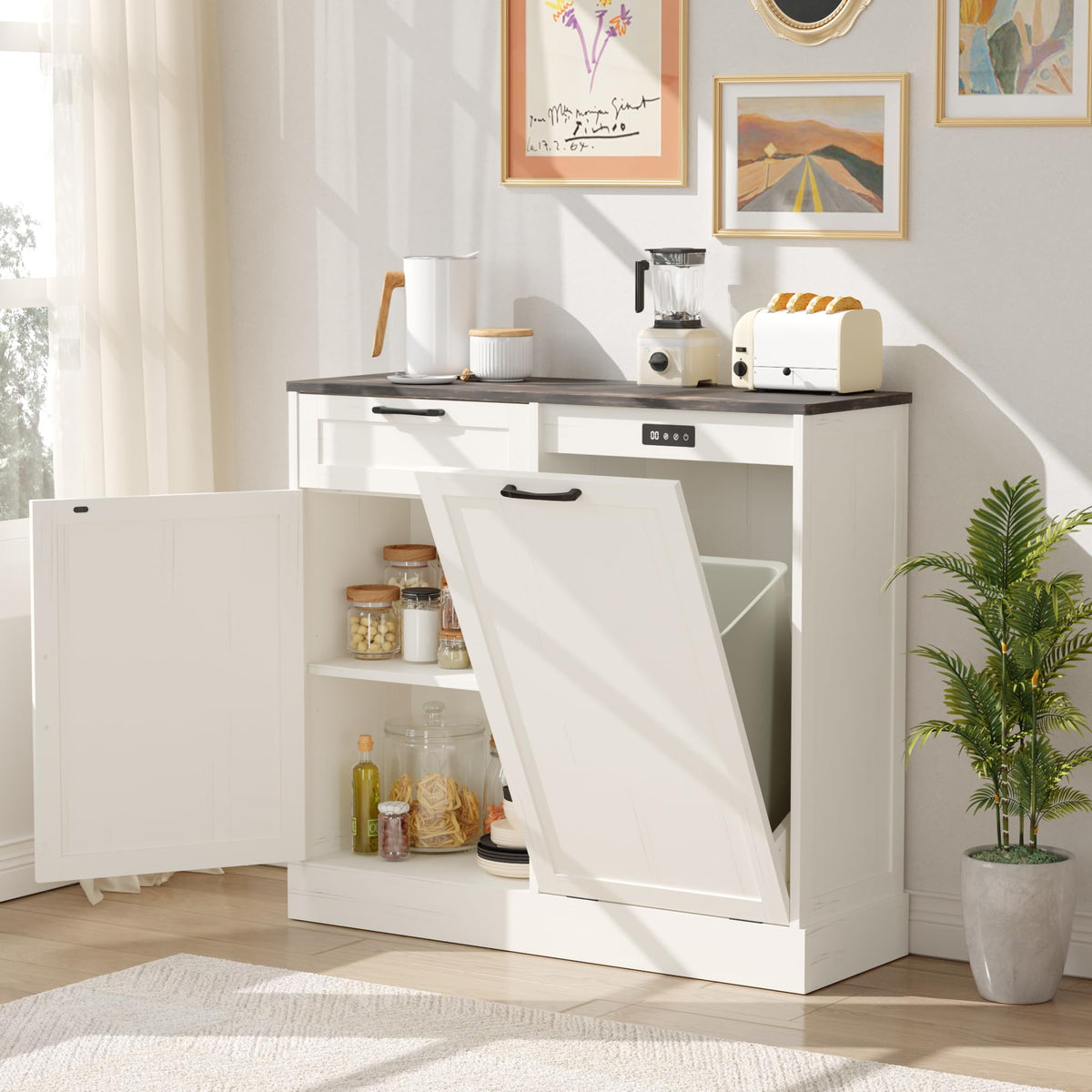 Off-White Tilt Out Trash Can Cabinet L6174