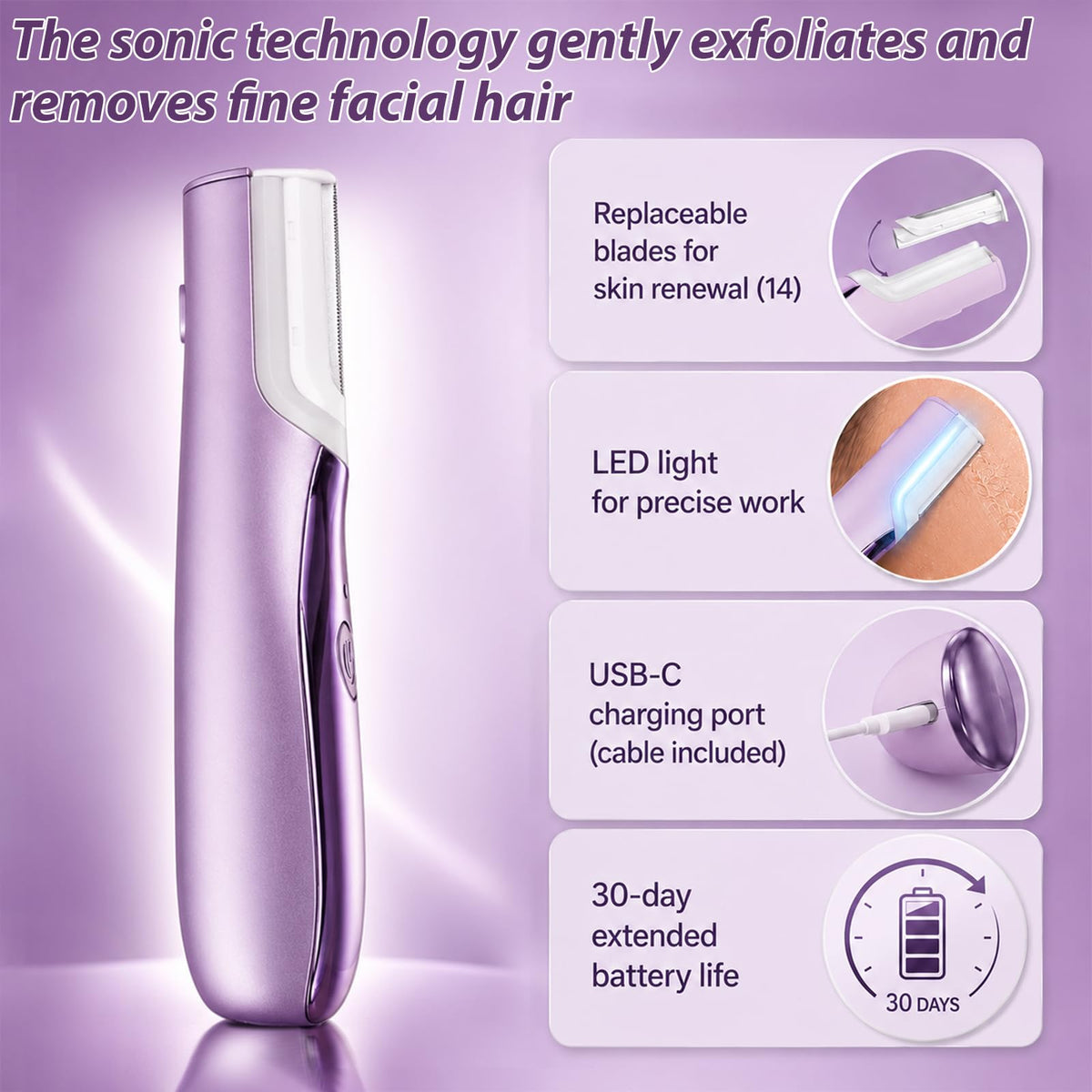 Sonic Dermaplaning Tool with LED Light, Rechargeable Facial Hair Remover E87383