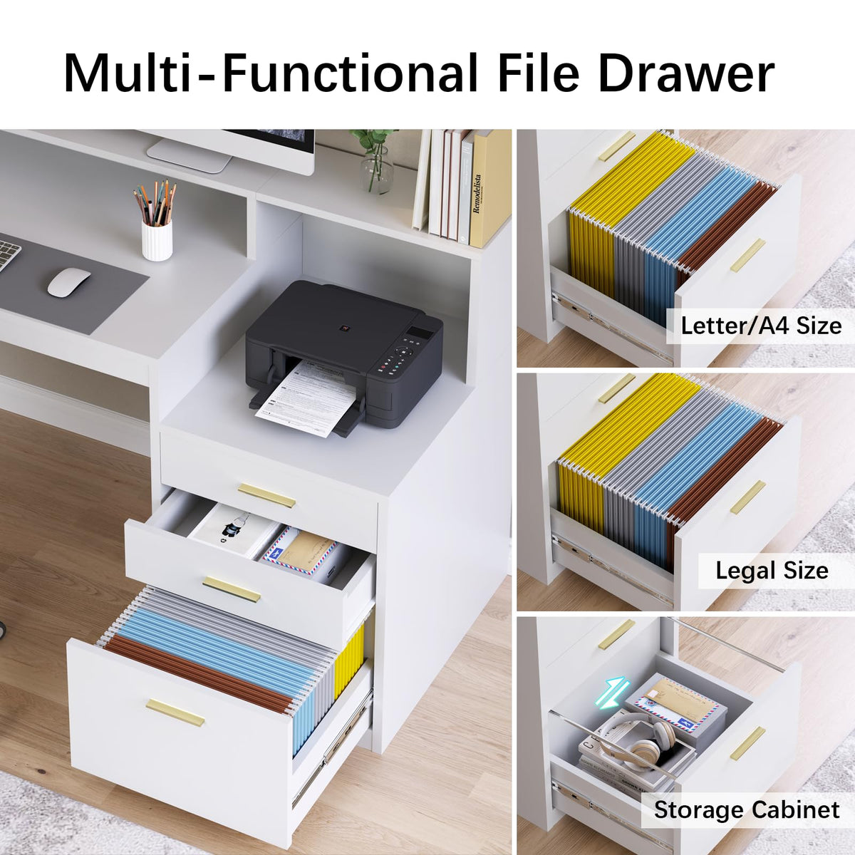 65" White Computer Desk with 3 Drawers T626614