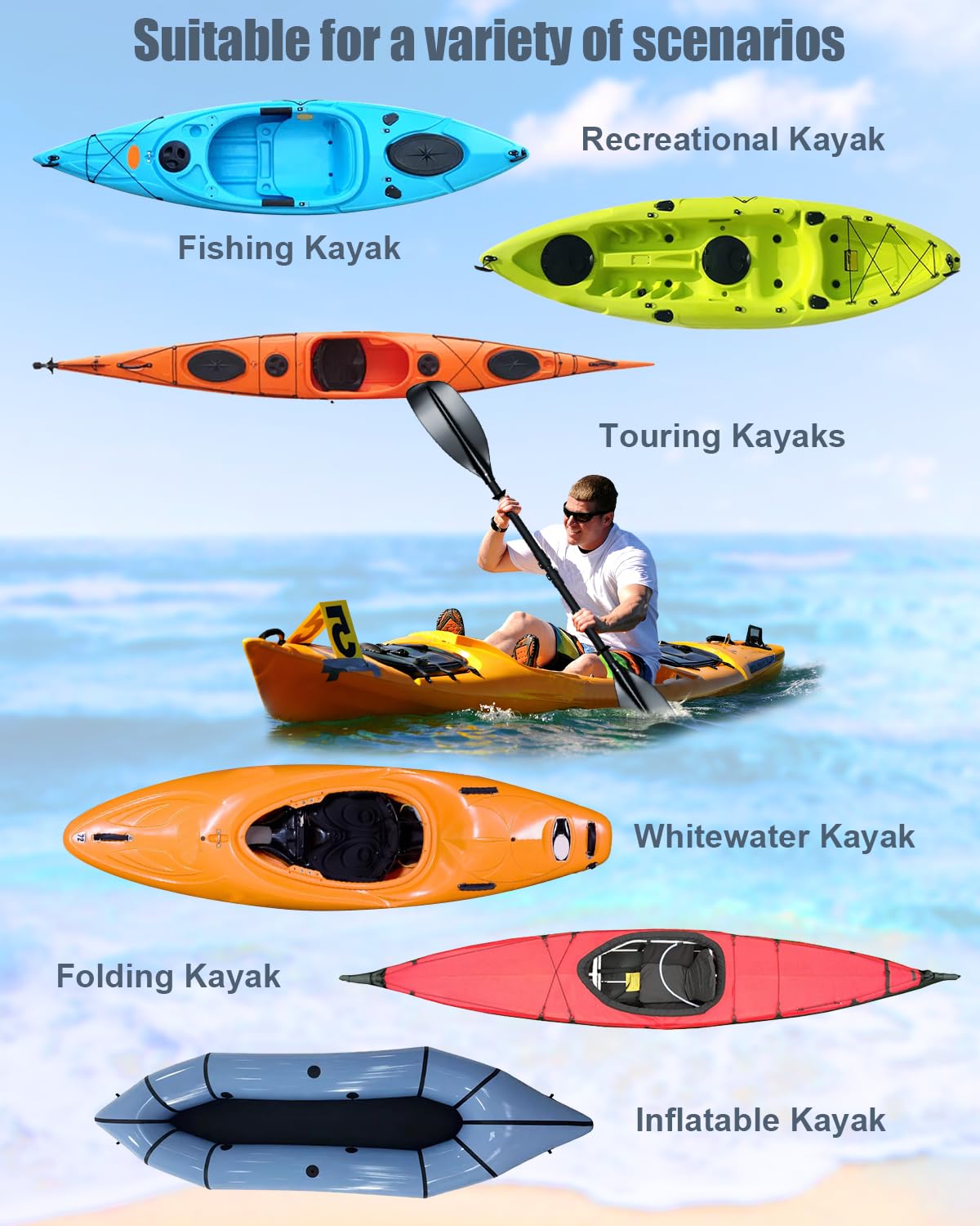 Adjustable Kayak Paddle 62–87 Inches Stainless Steel Fiberglass Non-Slip Grip with Carry Bag T41330
