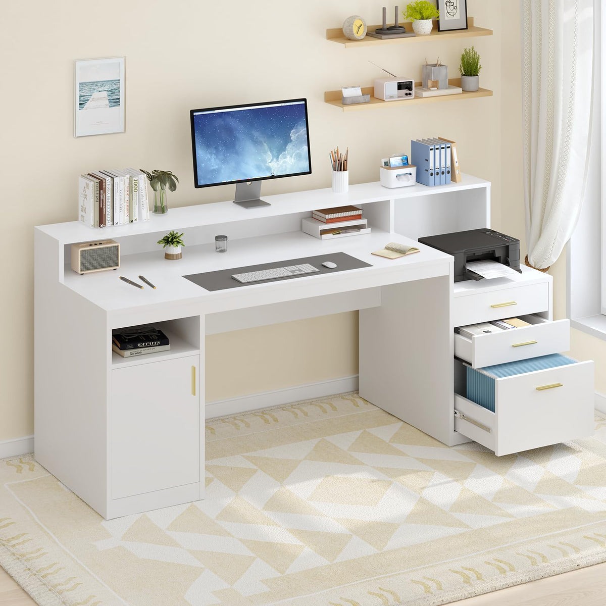 65" White Computer Desk with 3 Drawers T626614