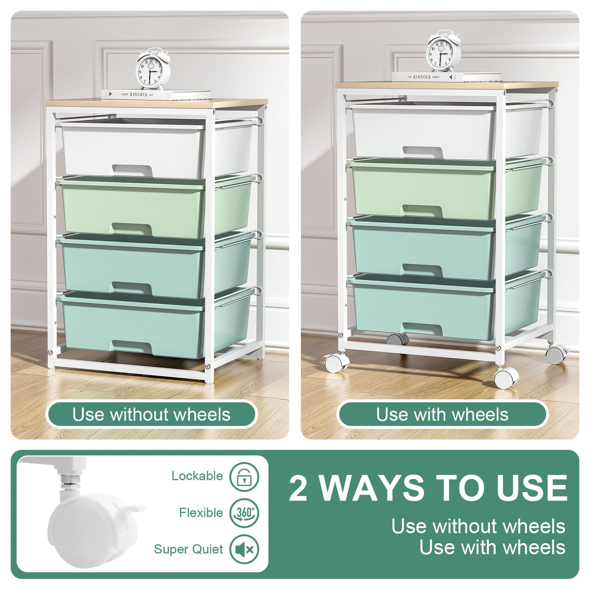 Rolling Cart with Drawers, 4-Drawer Utility Cart, Green R5009