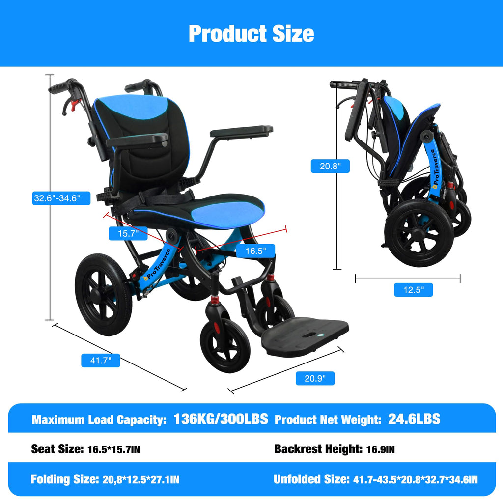 Lightweight Foldable Transport Wheelchair with Telescopic Handle, 16-Inch Seat, Blue D473110