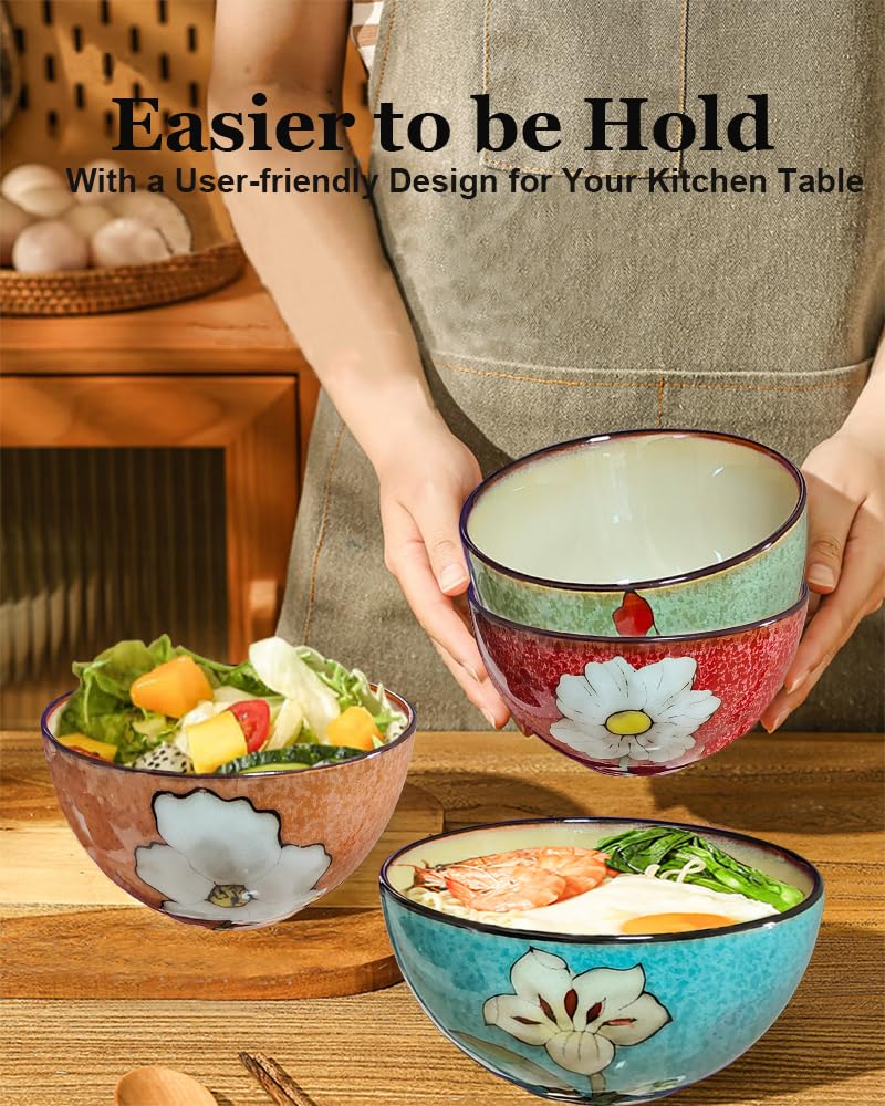 Ceramic Cereal Bowl Set of 4, 28oz Floral Pattern, Microwave Safe N52365