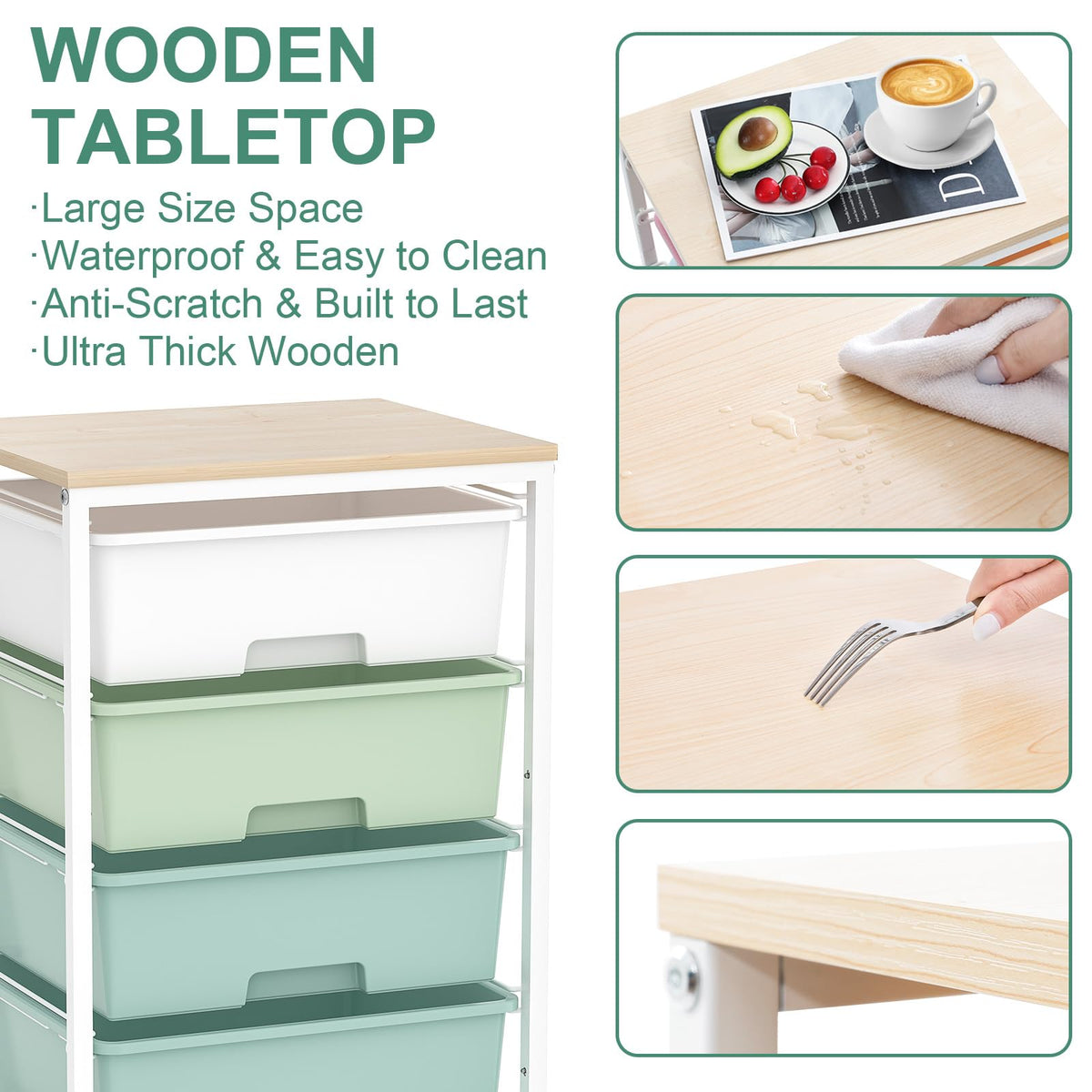 Rolling Cart with Drawers, 4-Drawer Utility Cart, Green R5009
