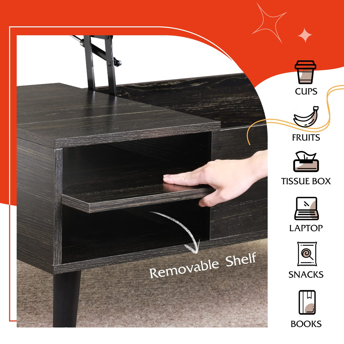 Lift Top Coffee Table with Hidden Storage, Black R4950