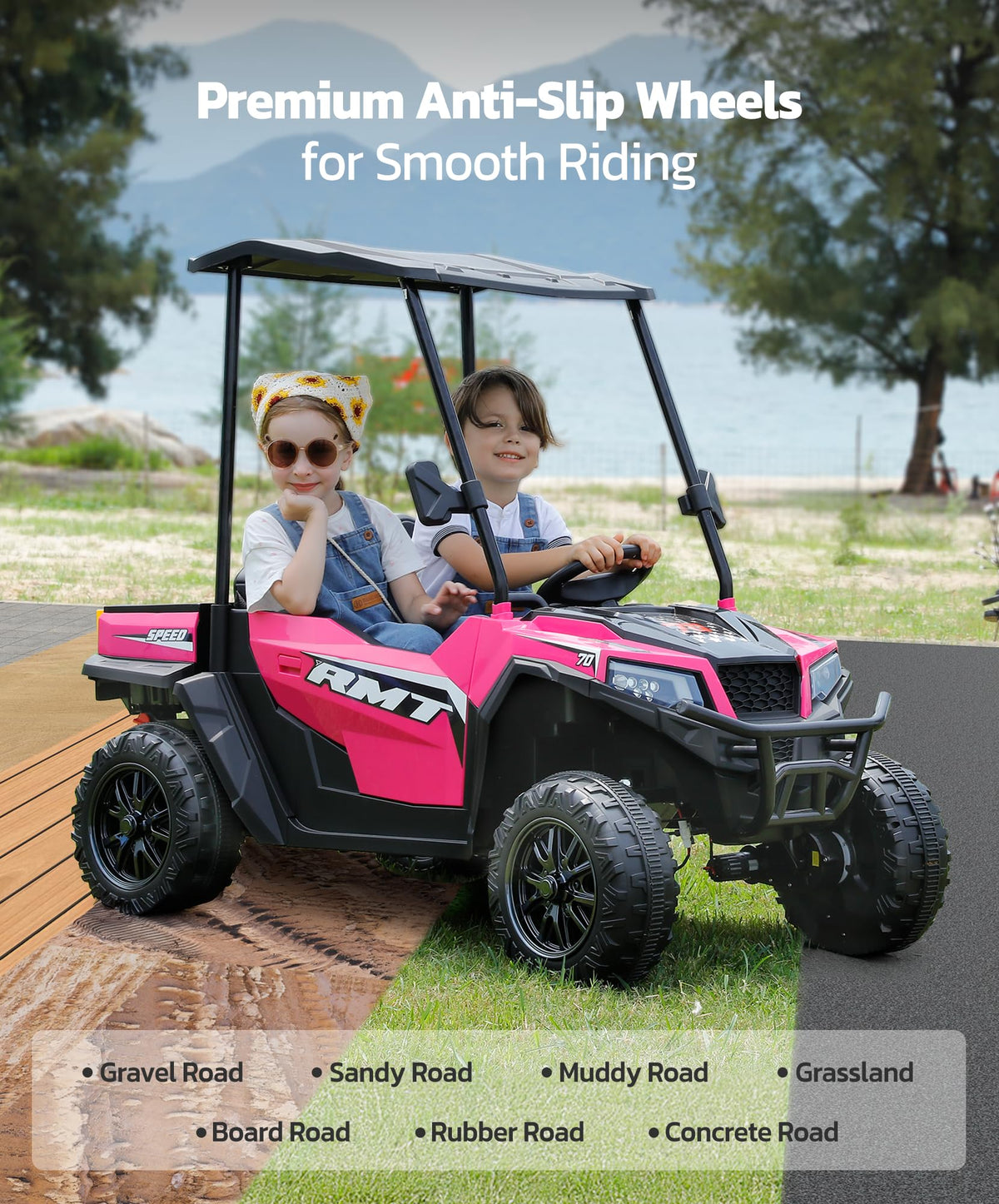 24V 2 Seater Ride on Car with Sun Shade Dump Bed Shovel Hot Pink N357
