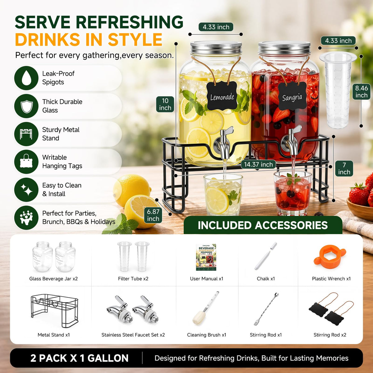 2 PCS 1 Gallon Glass Drink Dispensers with Stand & Fruit Infuser H8862