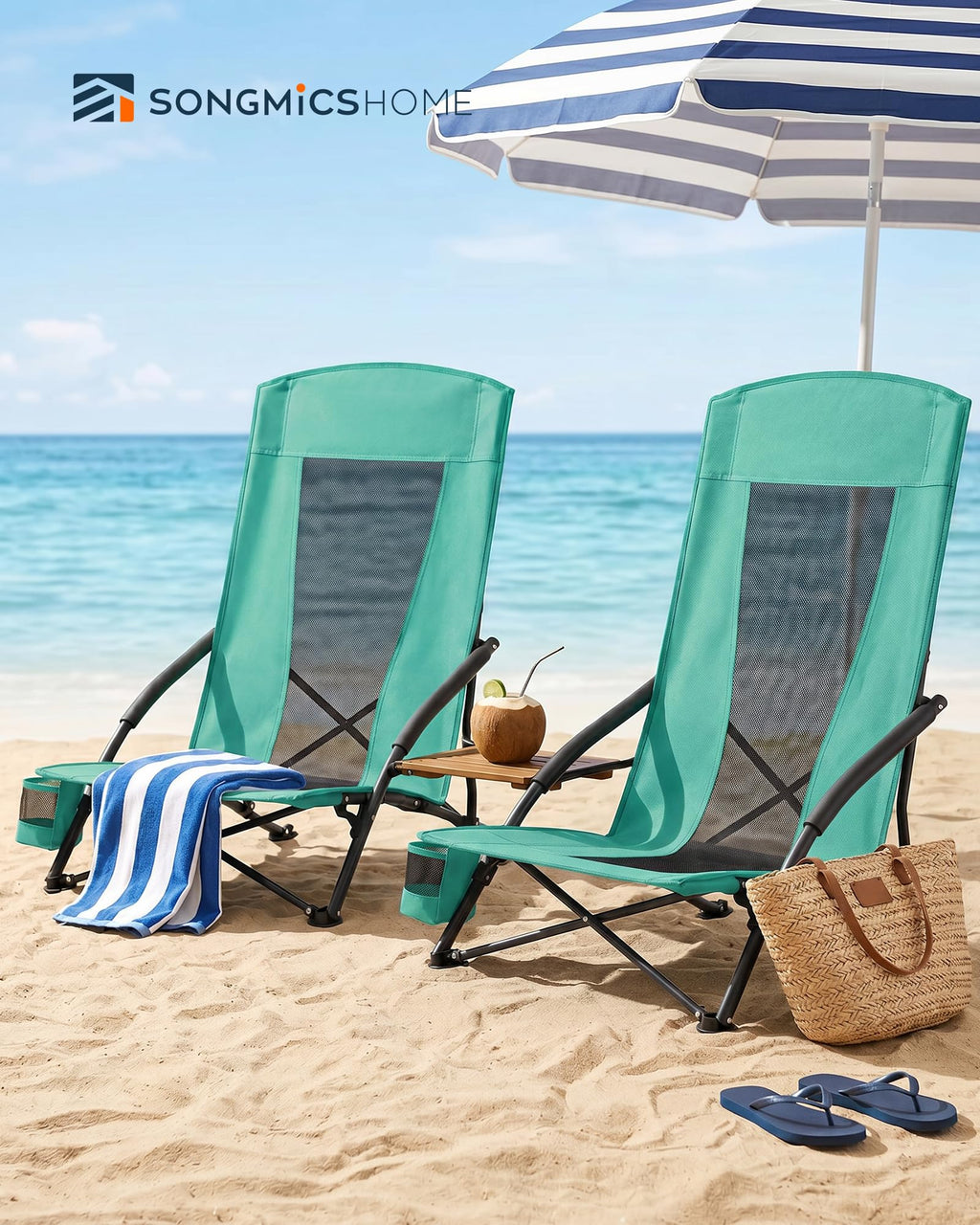 Portable Folding Camping Chair with Cup Holder, Set of 2, Green Y176