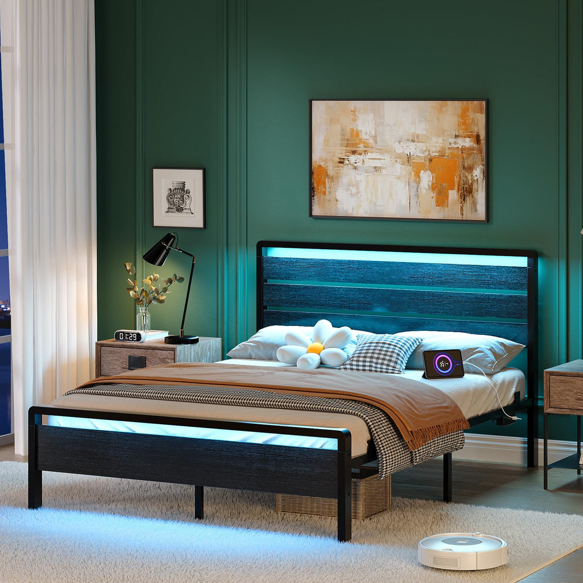 Full Size Metal Platform Bed Frame with LED Headboard and Charging Ports, Black K62834