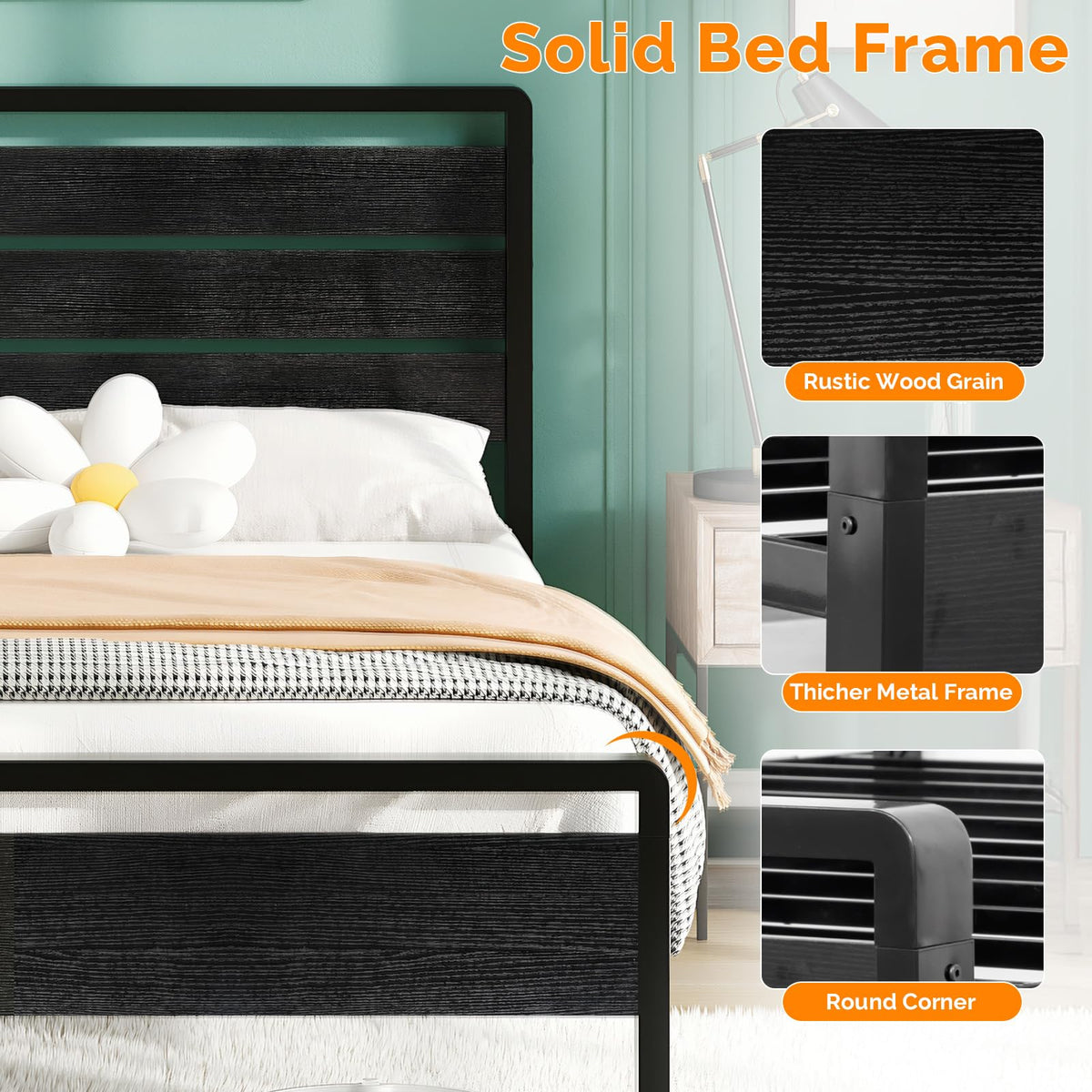 Full Size Metal Platform Bed Frame with LED Headboard and Charging Ports, Black K62834