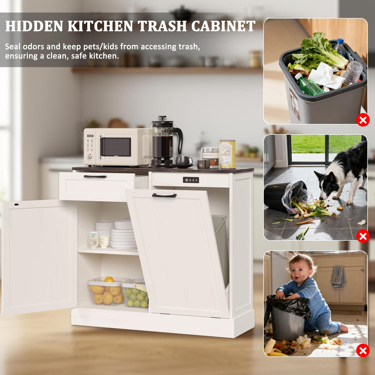 Off-White Tilt Out Trash Can Cabinet L6174