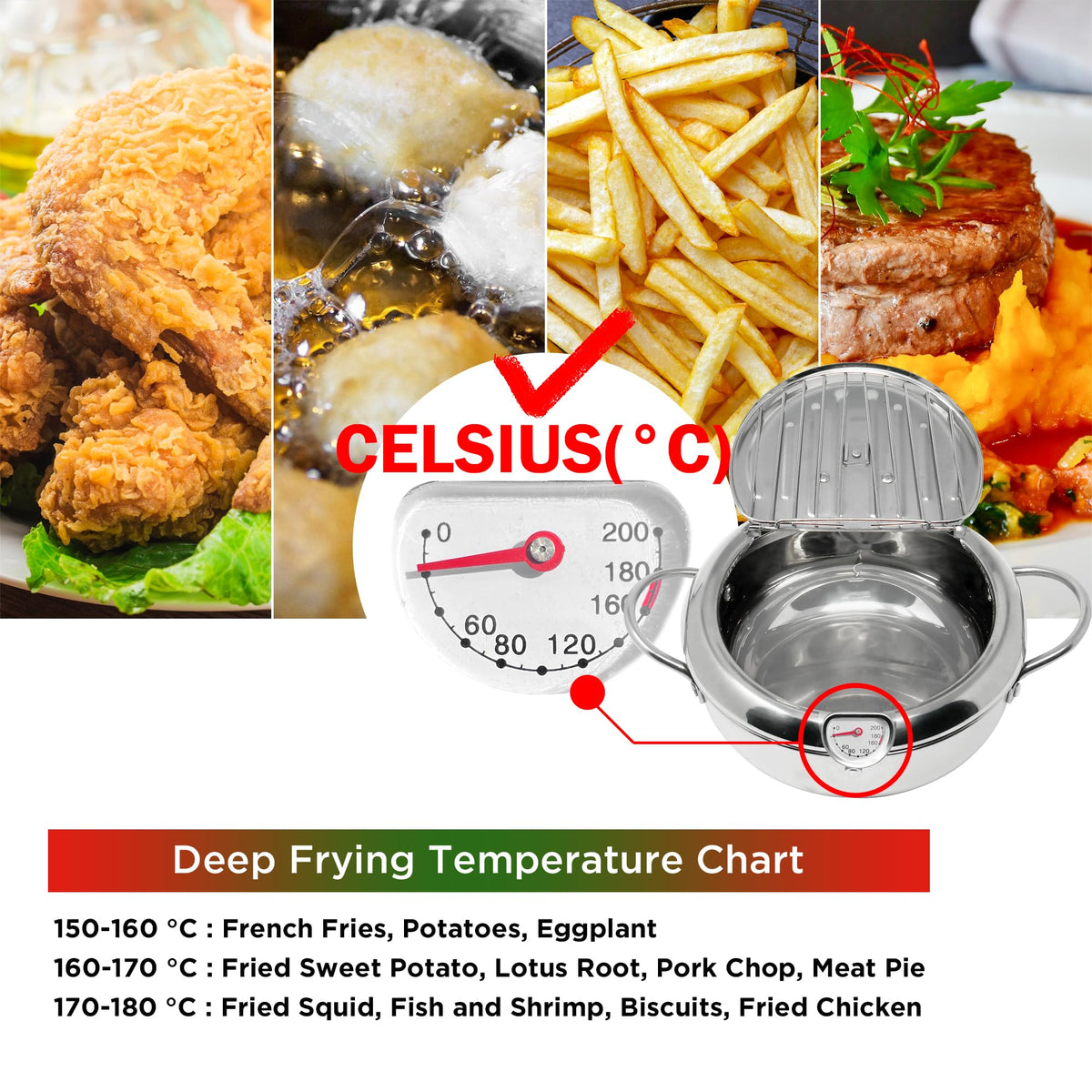Deep Fryer Pot with Lid, 304 Stainless Steel M6546