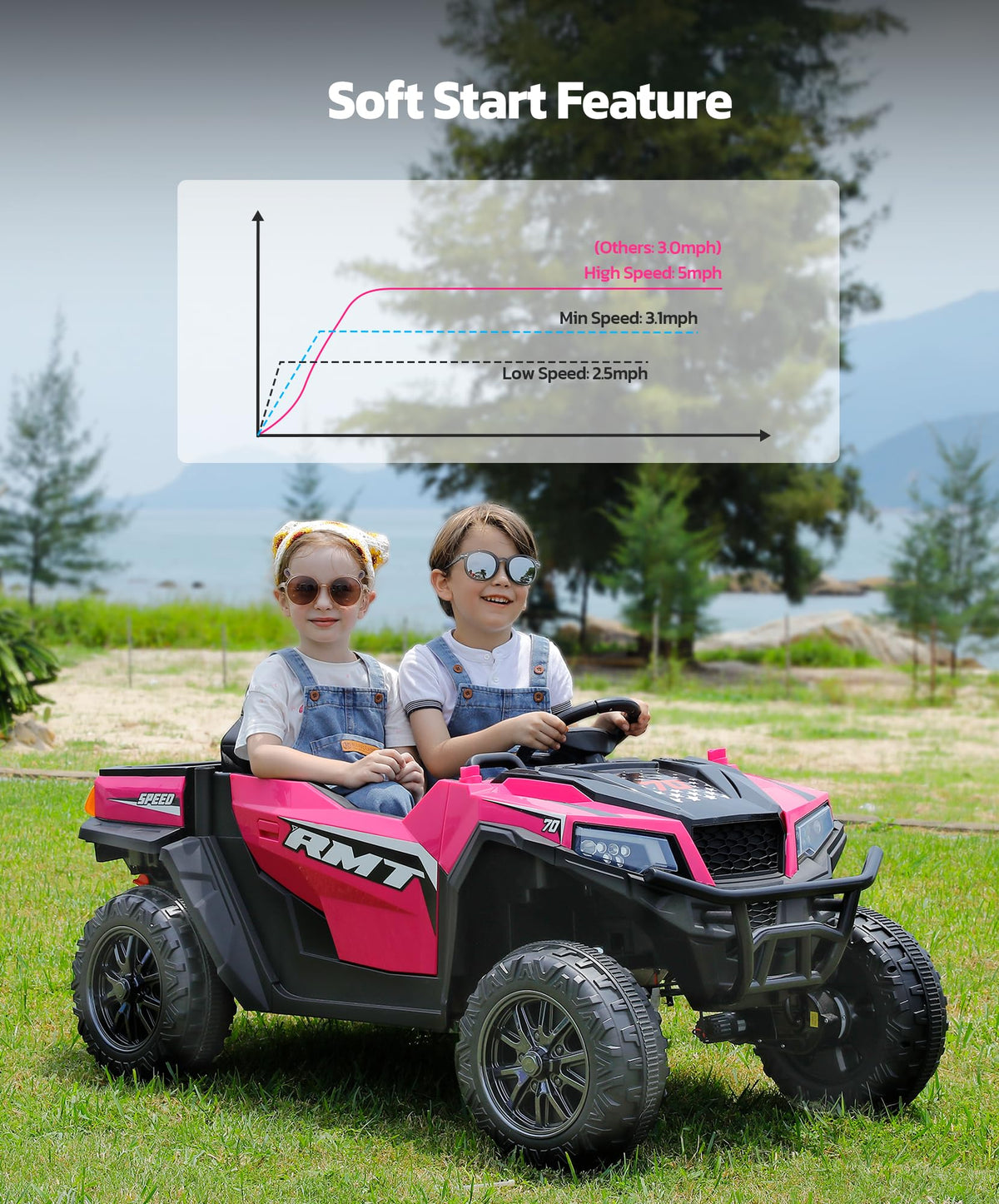 24V 2 Seater Ride on Car with Sun Shade Dump Bed Shovel Hot Pink N357