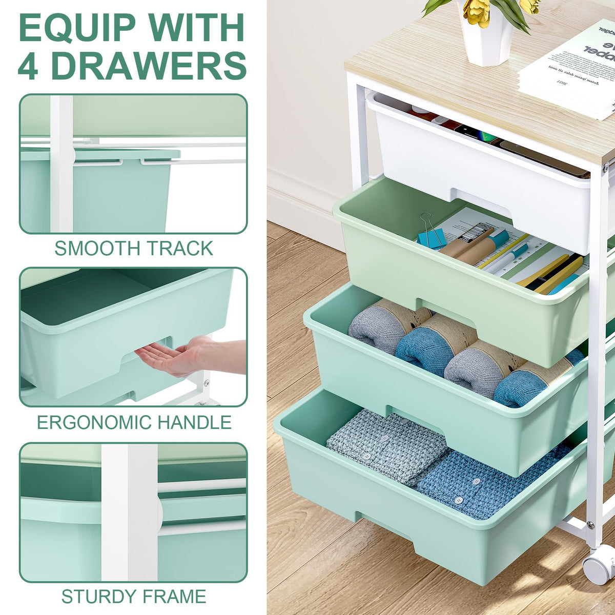 Rolling Cart with Drawers, 4-Drawer Utility Cart, Green R5009