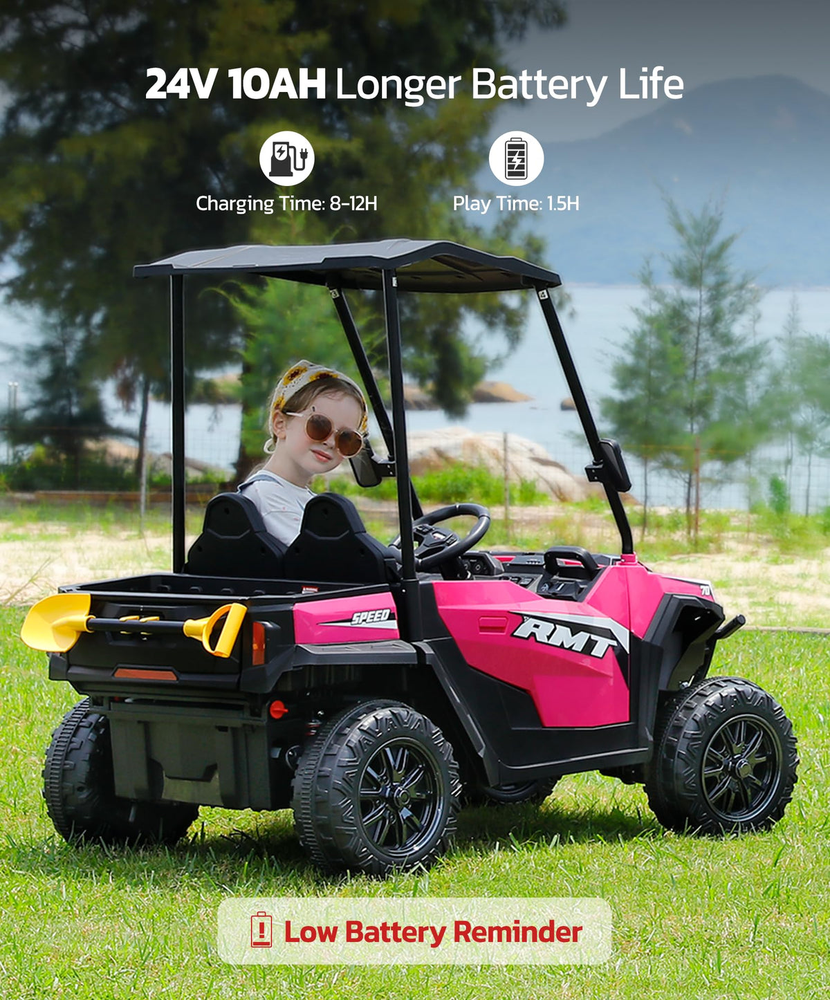 24V 2 Seater Ride on Car with Sun Shade Dump Bed Shovel Hot Pink N357