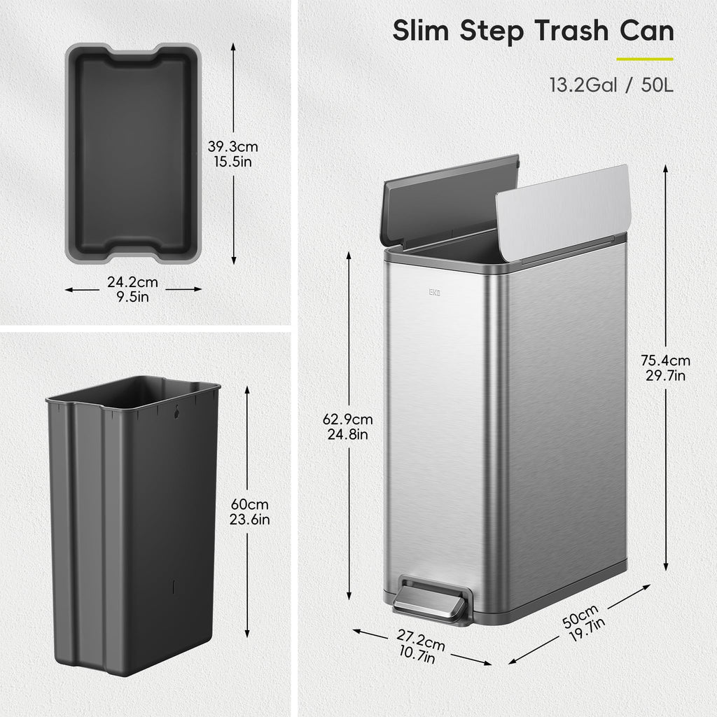 50L Stainless Steel Slim Step Trash Can T50454