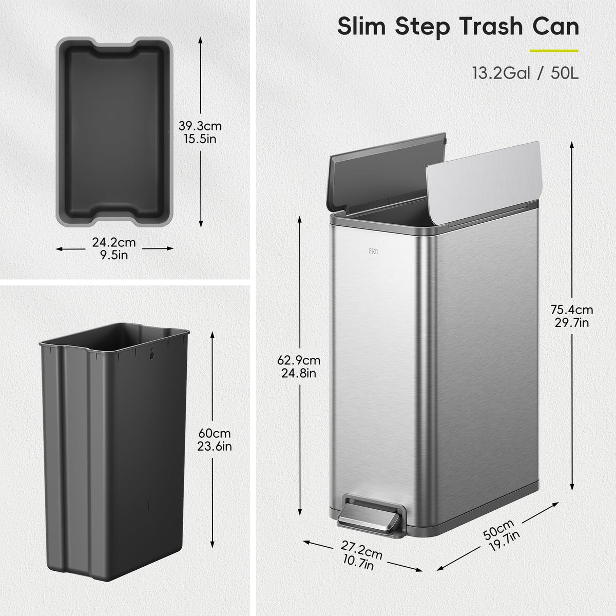 50L Stainless Steel Slim Step Trash Can T50454