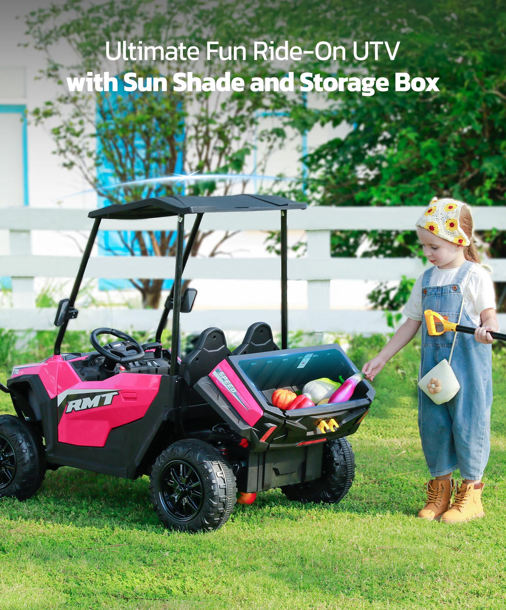 24V 2 Seater Ride on Car with Sun Shade Dump Bed Shovel Hot Pink N357