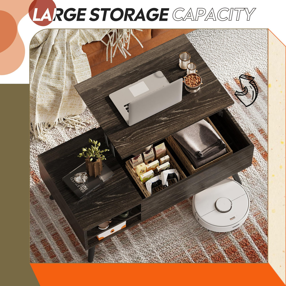 Lift Top Coffee Table with Hidden Storage, Black R4950