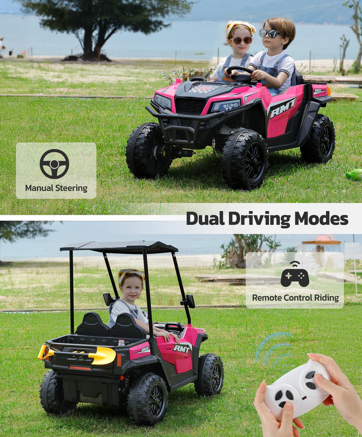 24V 2 Seater Ride on Car with Sun Shade Dump Bed Shovel Hot Pink N357