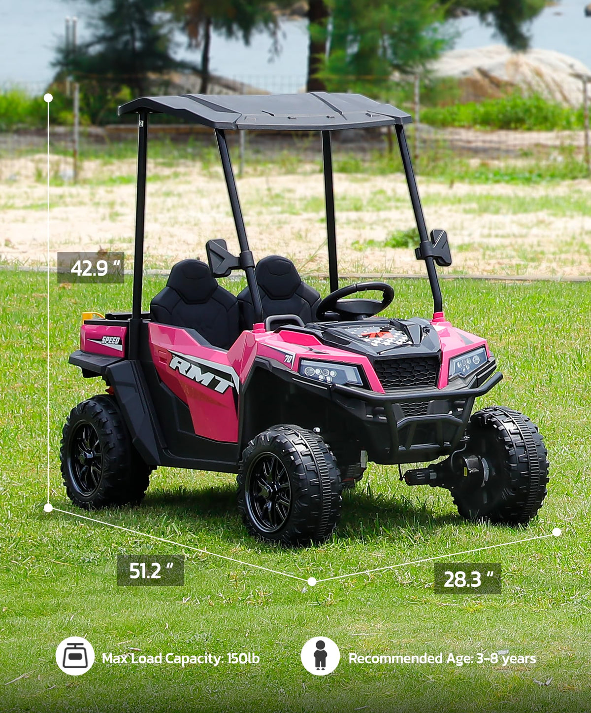 24V 2 Seater Ride on Car with Sun Shade Dump Bed Shovel Hot Pink N357