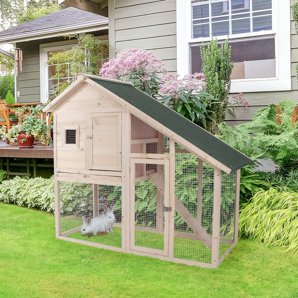 55" 2-Tier Wooden Rabbit Hutch with Ramp S635641