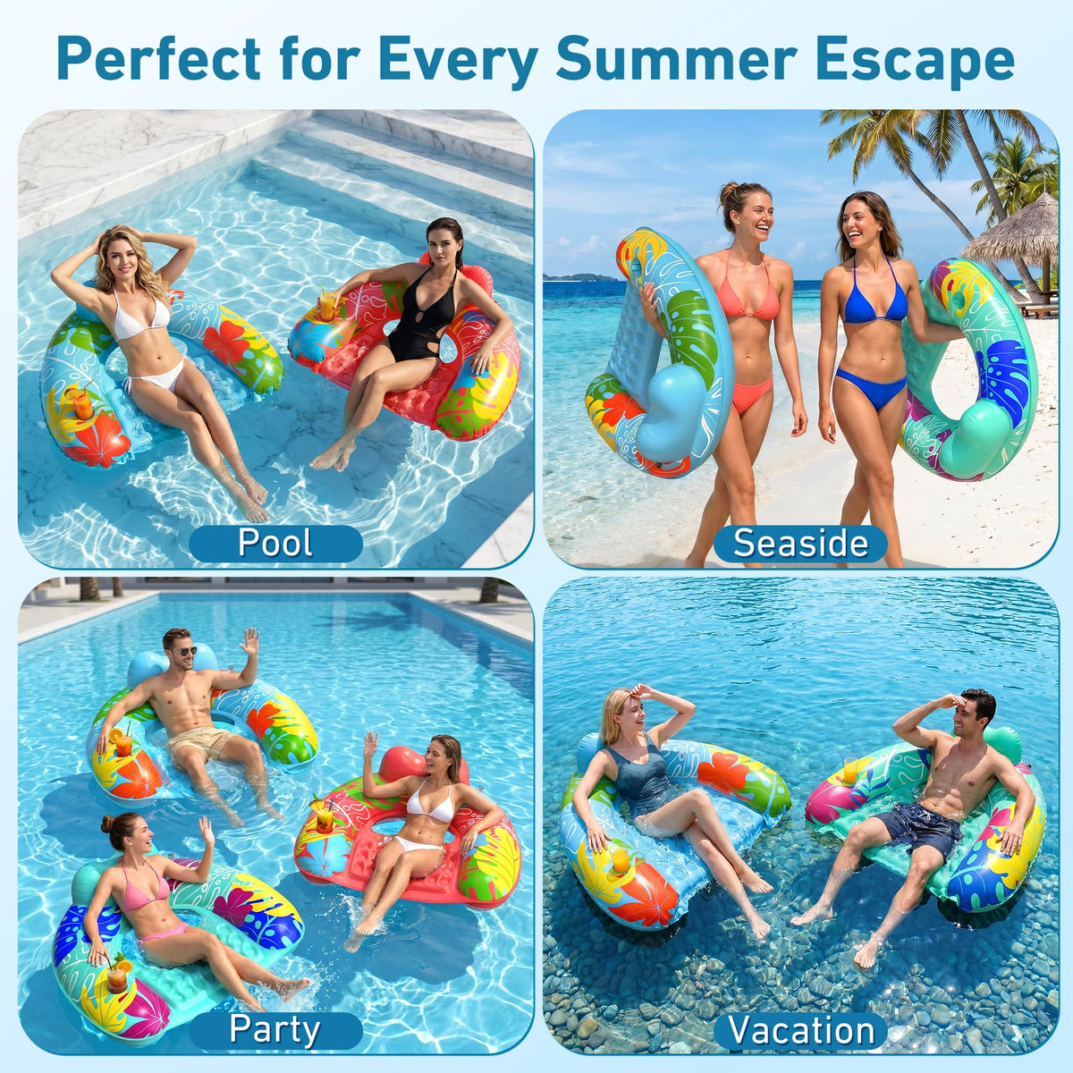 3 Pack Inflatable Pool Float Chairs with Cup Holder K495